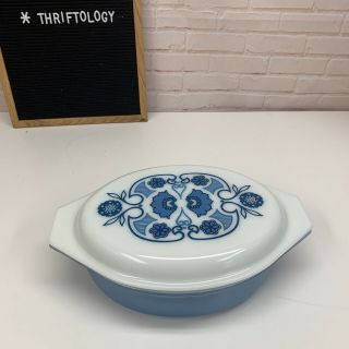 Vintage Pyrex Horizon Blue Floral Design Oval Casserole Dish W/ Lid 045 2.  5 Qt
