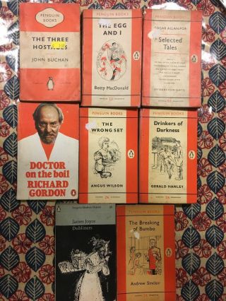 8 Vintage Penguin Orange Fiction Books - 50’s 60’s & 70’s