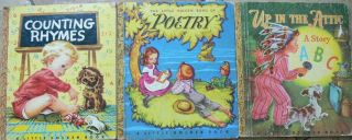 3 Vintage Little Golden Books Up In The Attic A Story Abc,  Counting Rhymes,