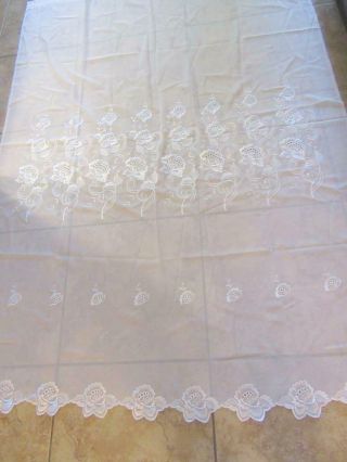 Vintage Pair White Embroidered Sheer Curtain Panels Scalloped Bottom 60x84 Each