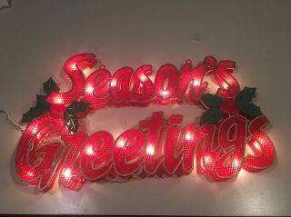 Vintage Seasons Greetings Christmas Plastic Lighted Sign W/holly