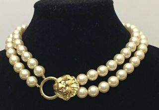 Vintage Kjl Kenneth Jay Lane For Avon Lion Head Pearl Necklace Double Strand