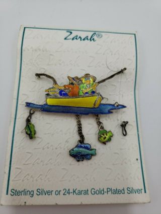 Vintage Zarah Fishing Couple Sterling Silver And Enamel Pin/ Brooch