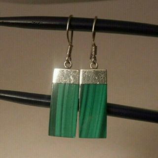 Vintage 925 Sterling Silver Boma Green Malachite Dangle Earrings Signed Boma
