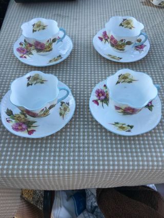 Vintage Shelley Bone China Begonia Tea Cup And Saucer - England Set Of 4