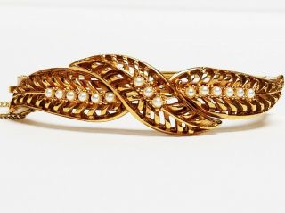 Vintage Gold Tone Faux Pearl Leaf Motif Hinged Bracelet Safety Chain