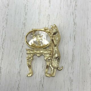 Vintage 1928 Cat With Fish Bowl Lucite Brooch Gold Tone Pin