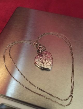 Vintage Sterling Silver Heart Locket Pendant W/ Engravings On Silver Chain.
