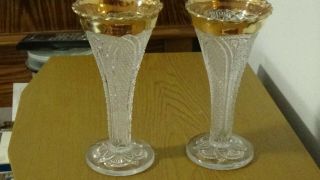Vintage Pair Clear Pressed Glass Vases With Gold Rims 6 1/2 " Tall