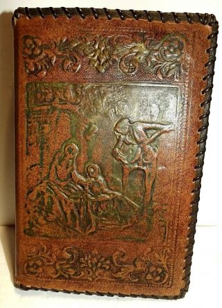 Vintage Hand Tooled Leather Bible Cover,  " The Living Bible ",  9 " X6 "