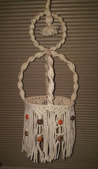 Vintage Macrame Plant Hanger With Wood Beads 48 "