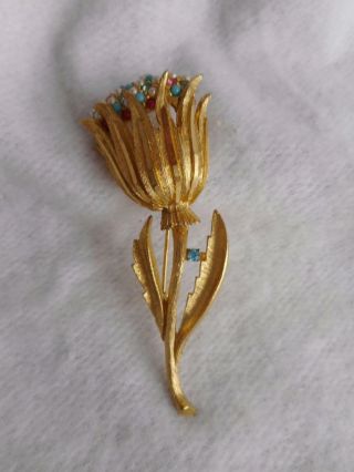 Vintage Bsk Gold Tone Flower Pin W/ Pink & Blue Rhinestones Pearls & Aqua Beads