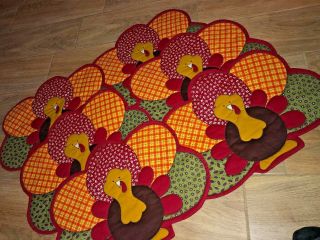 Vtg Quilted Turkey Patchwork Placemats Set Of 6
