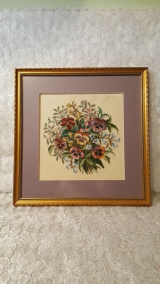 Vtg Completed Matted Glass Framed Petit Point Needlepoint Floral Pansies 13 " Sq