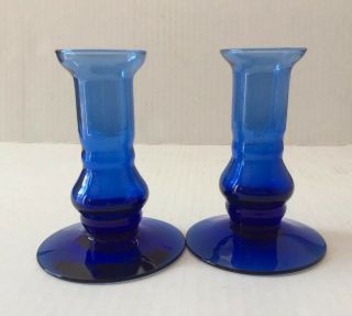 Set 2 Vintage Cobalt Blue Glass Candle Holders 4” Tall