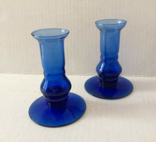Set 2 Vintage Cobalt Blue Glass Candle Holders 4” Tall 2