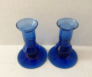 Set 2 Vintage Cobalt Blue Glass Candle Holders 4” Tall 3