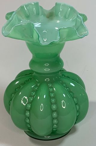 Vintage 1950 - 1953 Fenton Green Overlay Double Ruffle Beaded Melon Vase