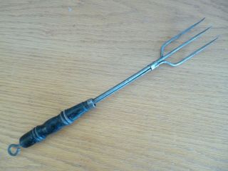 Old Time Vintage Cooking Fork Turned Wood Handle 12 ",  Hook