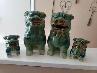 Vintage 2 Pair Chinese Ceramic Temple Lion Foo Dogs Green/blue Unmarked