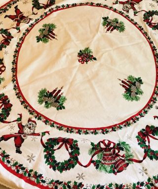 Vintage Christmas Tablecloth Santa Wreath Bells Print Crochet Trim Round 56”
