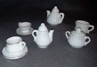 Vintage 6 Piece Miniature Tea Set,  White,  Porcelain And Gold Trim,  W/ Teapot