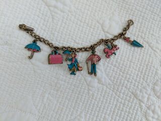 Vintage Mary Poppins Charm Bracelet Walt Disney Girl Umbrella Horse Cold Paint