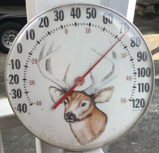 Vtg 12” Jumbo Dial Thermometer W/ Buck Deer By The Ohio Thermometer Co.