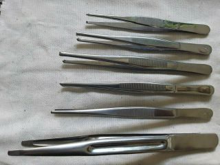 Vintage Stainless Steel Medical Tweezers.  Set Of Six,  Different Sizes.