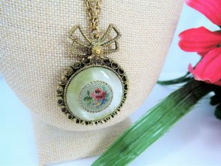 Vintage Faux Mother Of Pearl & Petite Point Hidden Magnifying Glass Necklace