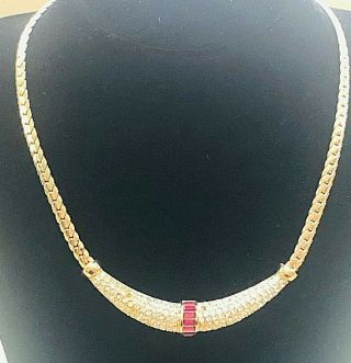 Vintage CHRISTIAN DIOR Choker Snake Chain Necklace Rhinestones & Red Stones 2