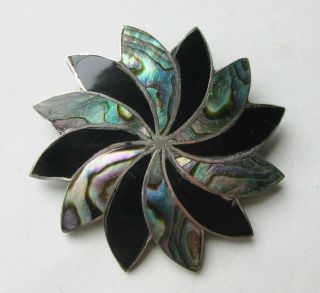 Fine Vintage Taxco Mexican Sterling Silver Abalone Onyx Pinwheel Brooch Pendant