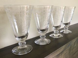 4 Vintage Fostoria Romance Etched Crystal Glasses Footed Iced Tea Water Parfait