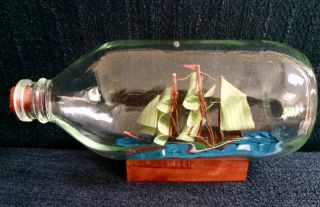 Vintage Tall Ship In A Bottle 7” Green Sails