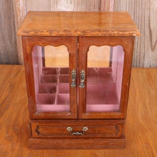 Vtg Wood Jewelry Box Chest 2 Etched Glass Doors 1 Drawer Music Box Speak Softly