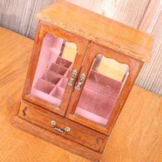Vtg Wood Jewelry Box Chest 2 Etched Glass Doors 1 Drawer Music Box Speak Softly 2