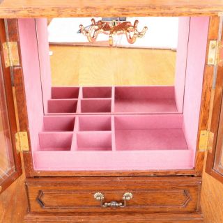 Vtg Wood Jewelry Box Chest 2 Etched Glass Doors 1 Drawer Music Box Speak Softly 4