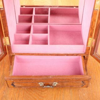 Vtg Wood Jewelry Box Chest 2 Etched Glass Doors 1 Drawer Music Box Speak Softly 6