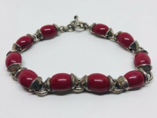 Vintage Mexican Sterling Silver Red Coral Toggle Link Bracelet 22 Grams 7”