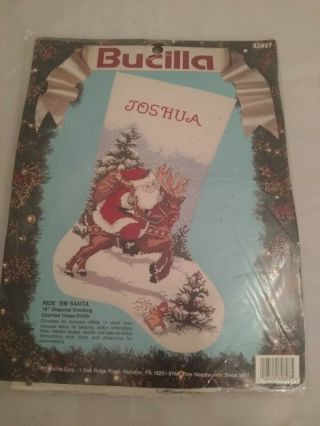 Bucilla 18 " Vtg 1991 Cross Stitch Kit Christmas Stocking Ride ‘em Santa 82827