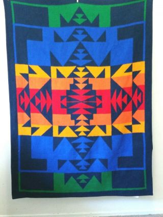 Vtg Biederlack America Throw Blanket Colorful Native Southwestern Geometric Navy