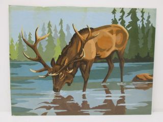 Vintage Pbn Paint By Number Painting Art Elk Drinking Water 12x9 Lake River Tree