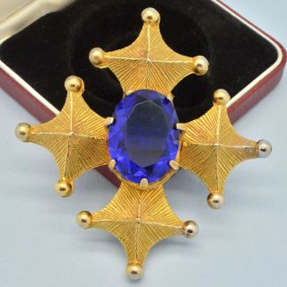 Vintage Brooch H Pomerantz 1940s Maltese Cross Blue Crystal Goldtone Jewellery