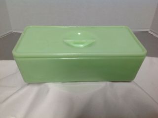 Vintage Jadeite Green Glass Refrigerator Dish With Sunken Handle Lid Jadite