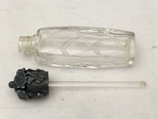 Vintage French GLASS PERFUME Flacon Bottle w Case & Ornate SILVER TOP w Dauber 7