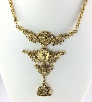 Vintage Gold Tone Metal Necklace Ornate Figural Bust Approx 16.  5” Dangle Toggle