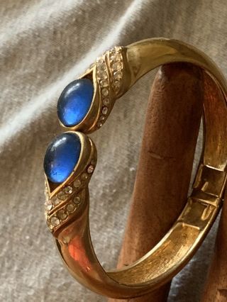 Vintage Signed Ciner Gold Tone Blue Glass Cz Clamper Cuff Bracelet