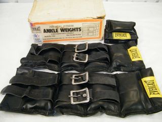 2 Vintage Everlast 5lb Pound Black Leather Ankle Weights W/ Box 3lb Wrist
