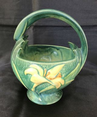Vintage 1940s Roseville Pottery Green Zephyr Lily Basket 393 - 7 Exc.  Cond.
