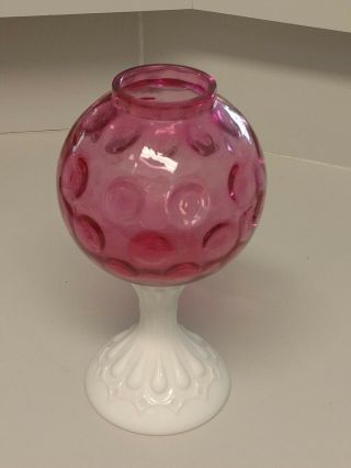 Vintage Fenton Cranberry Pedestal Rose Bowl Milk Glass Coin Dot Ivy Ball